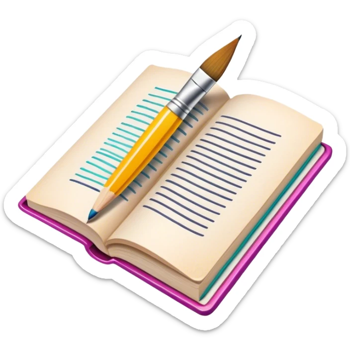 icon for Illustration hobbie, paintbrush and pencil under book's illustrated page, colorful sketch, simple lines, minimalistic style, transparent background. sticker