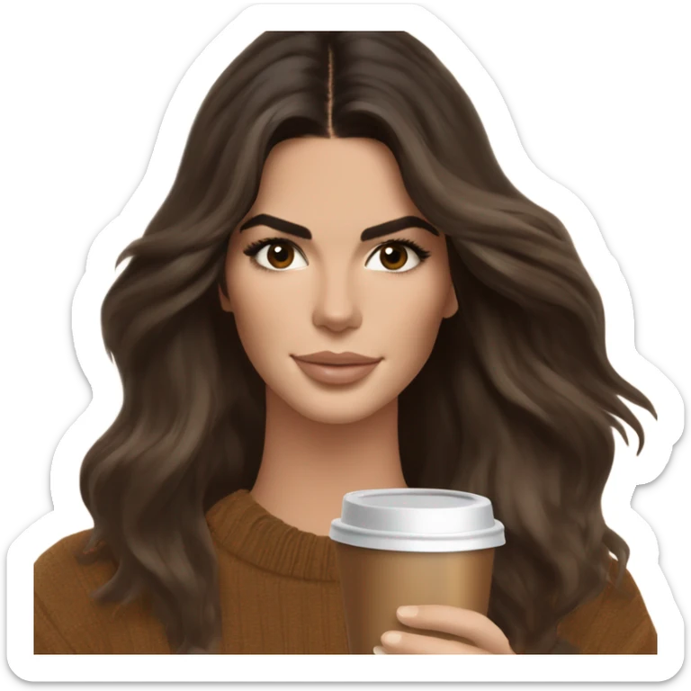 brunette Kendall Jenner with soft and shiny and long and brown hair her eyes brown and sipping coffee Her hair is wavy and shiny With brown sweater just one  sticker