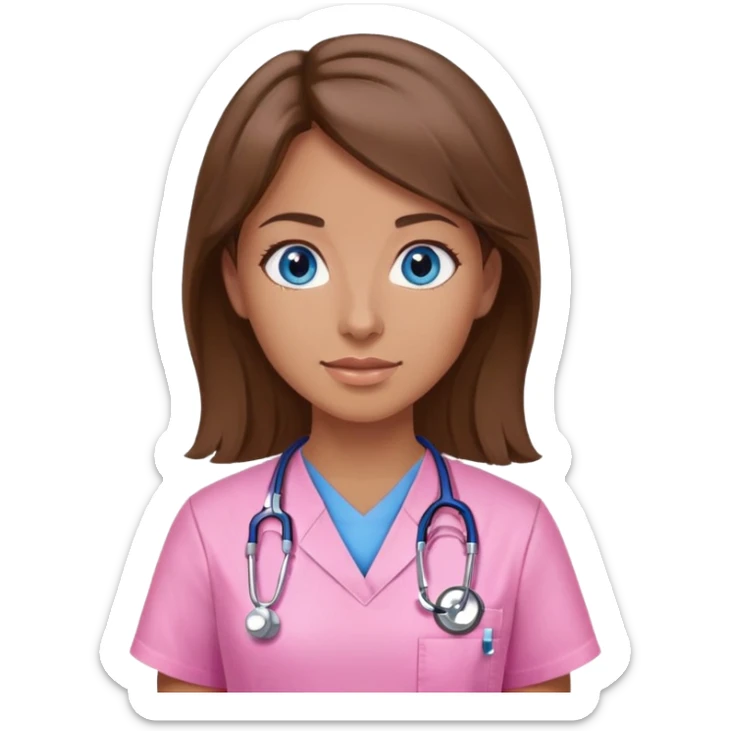 Female doctor Brown hair blue eyes pink scrubs sticker