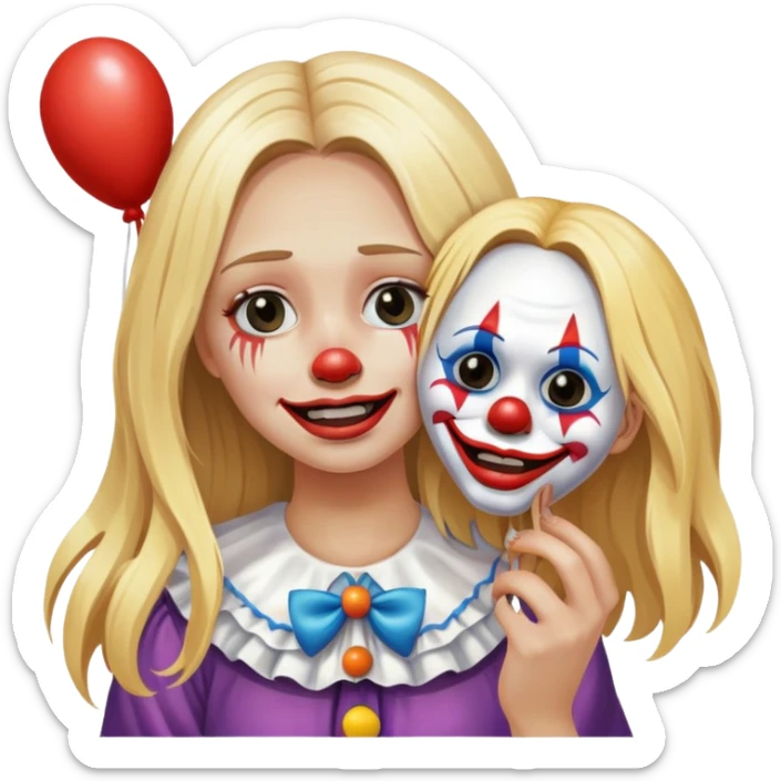 Crying blonde girl with long hair holding isolated happy clown Halloween mask beside her face  sticker