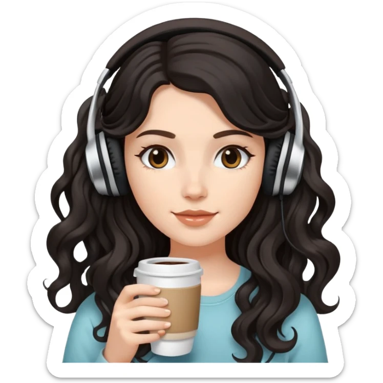 A white girl with black wavy long hair, wearing headphones on her head and holding coffee in her hand SHe has delicate facial features sticker