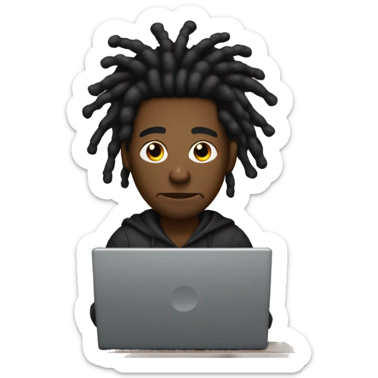 Black-guy-with-dreads-wearing-black-trackstuit-sitting-down-on-chair facing-foward-focused-on-laptop-computer- sticker