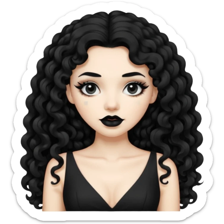 long black curly hair with white skin black dress and black lipstick sticker