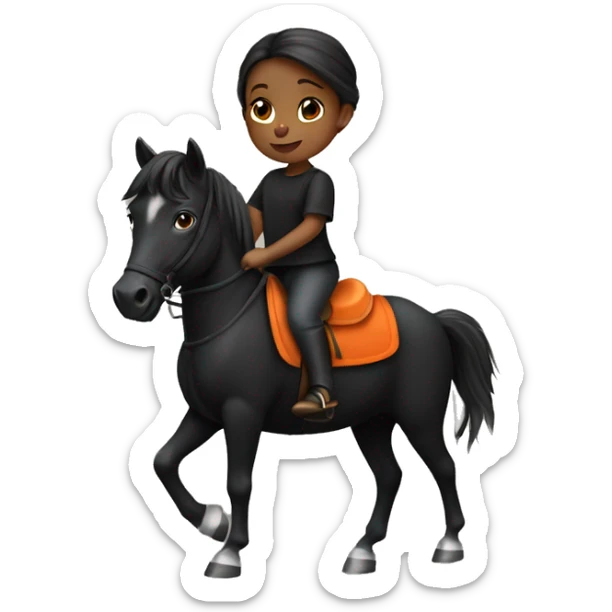 A little girl with orange pants on and a black shirt riding a black horse  sticker