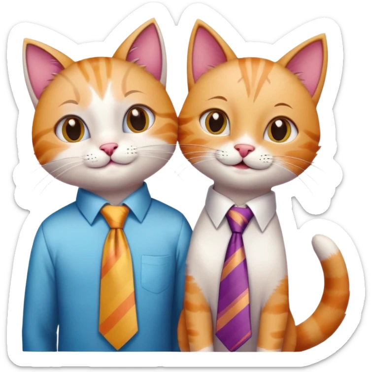 happy girl cat with eyelashes wearing a colorful necktie and happy boy cat wearing a professional necktie standing together and holding paws, both with loving expressions sticker