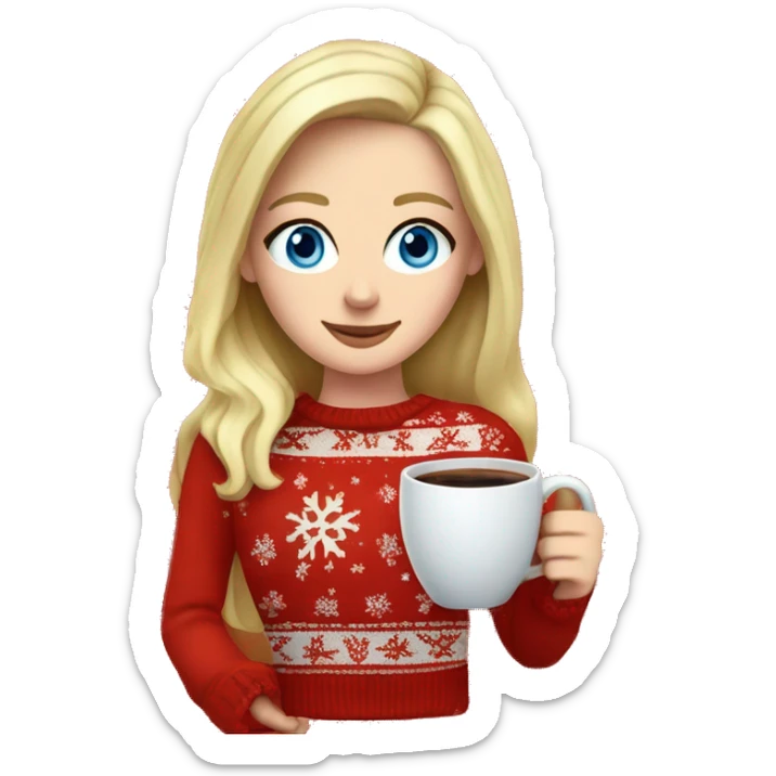 White girl blonde girl with blue eyes wearing a red Christmas sweater holding cup of coffee sticker