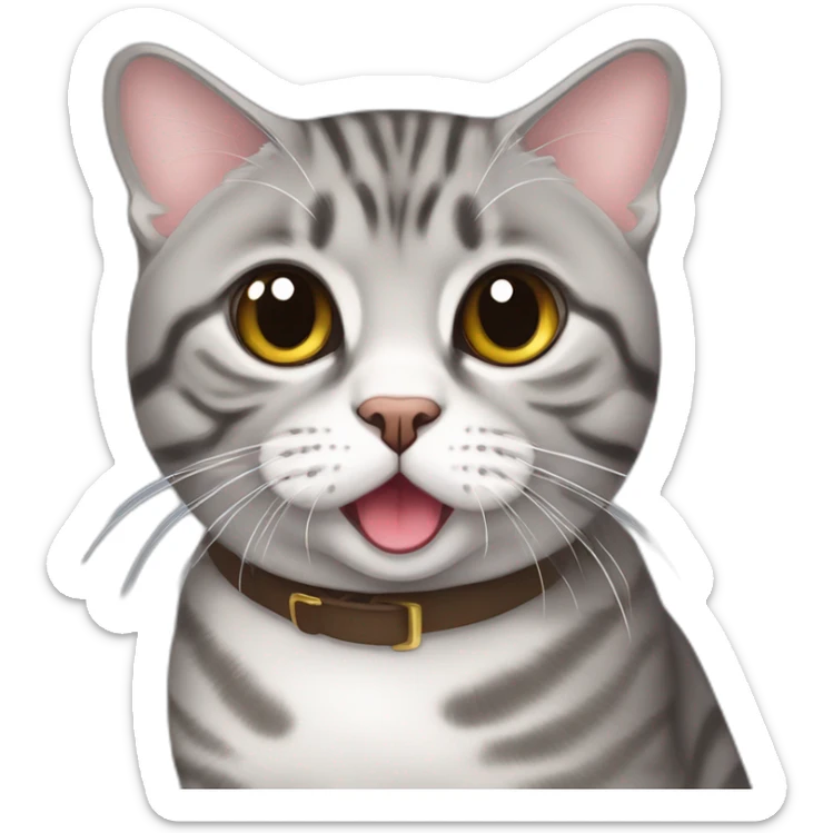 a Scottish fold grey tabby cat with a tongue sticking out of its mouth halfway sticker