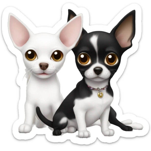 A white cat with a black spot on its nose next to a Black Chihuahua with white lightning strike marking in chest next to a smaller brown tab and white Chihuahua pup sticker