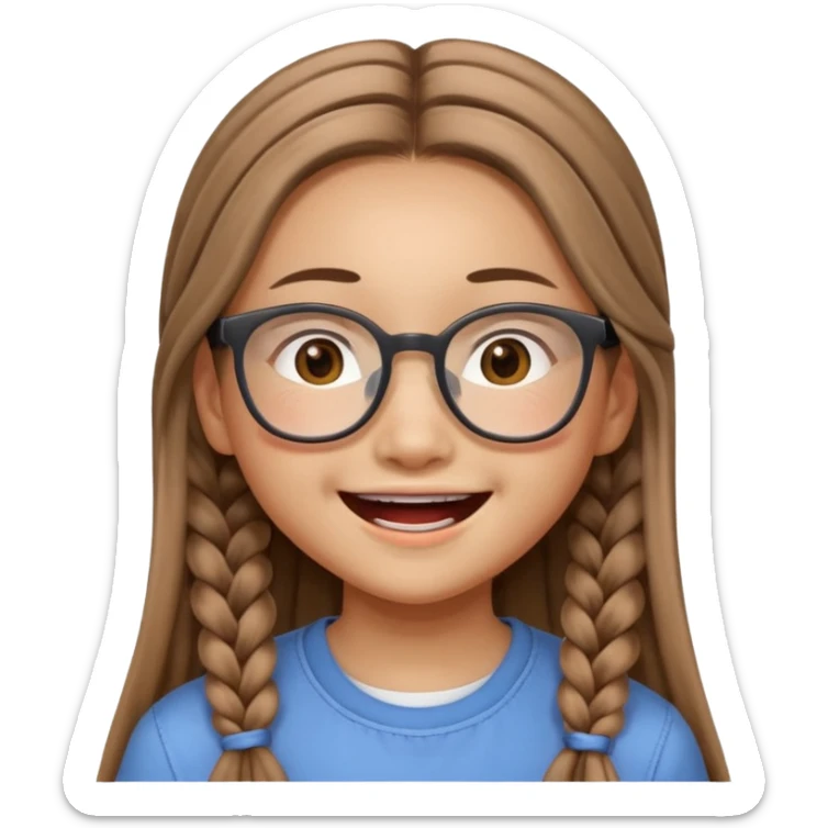 Asian girl, 14 years old, long light brown braids, square glasses, smiling loudly sticker