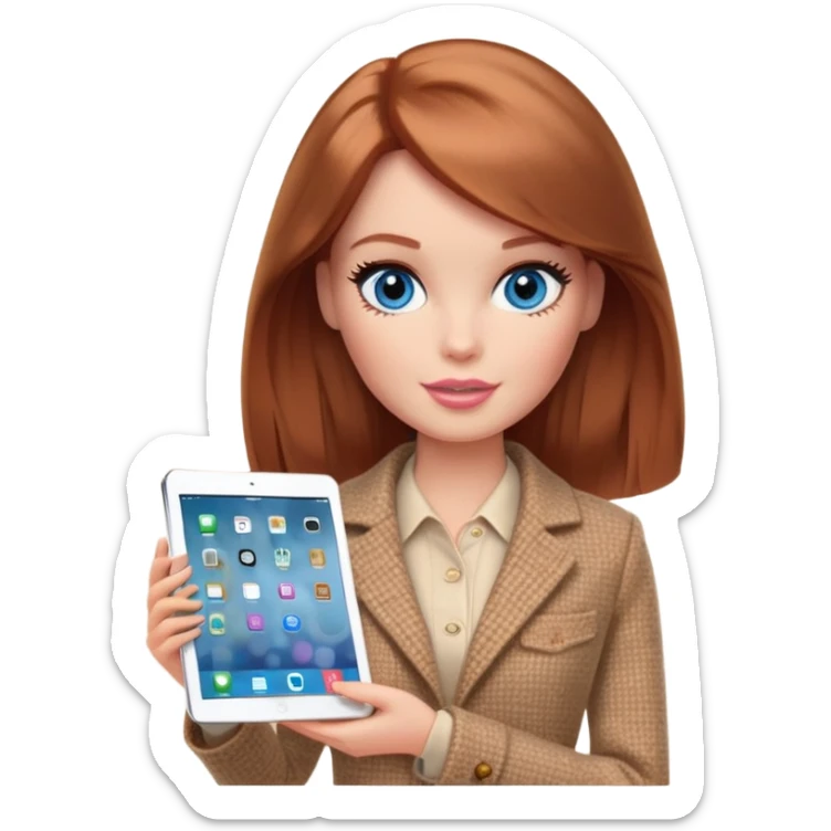A Barbie girl with blue eyes, shoulder-length reddish-brown hair, made-up, wearing a beige tweed jacket and a beige skirt,  with a iPad sticker