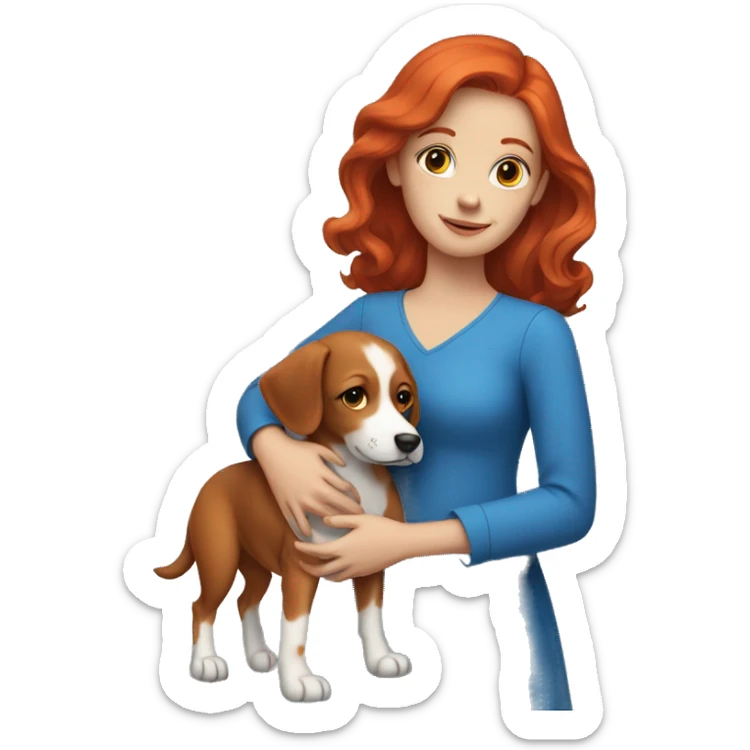 Girl red hair wearing a blue dress and holding a dog  sticker