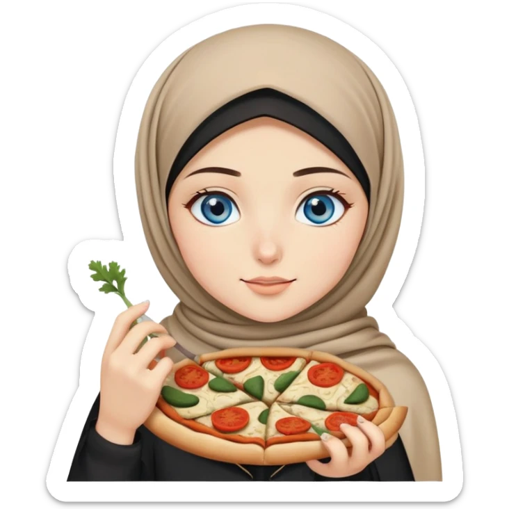 Turkish beautiful finish Konya girl blue eyes with beige and black hijab islamic dress and eating with her hand a slice of vegetable pizza  sticker
