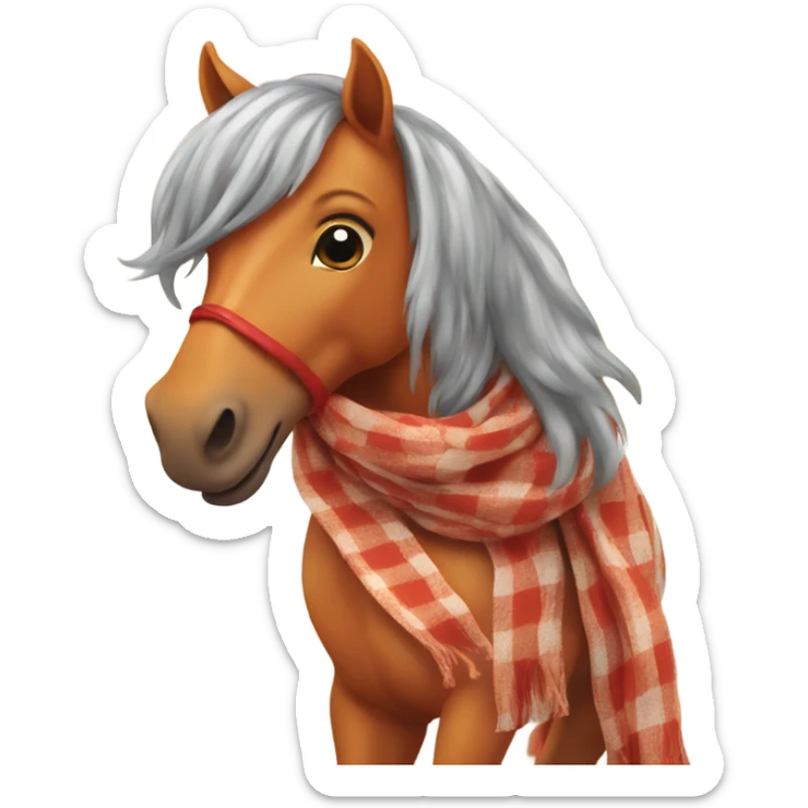 Orange horse with red scarf and checkered coat by the sea smiling  sticker
