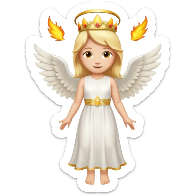 Full-body emoji-style angel: blonde hair, golden flame crown, halo, large wings, white dress, full body visible from head to feet, cute smooth emoji look. sticker