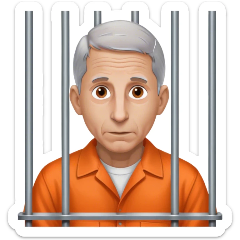 Make a picture of Anthony Fauci wearing an orange jumpsuit and behind bars make her look worried but only about herself sticker