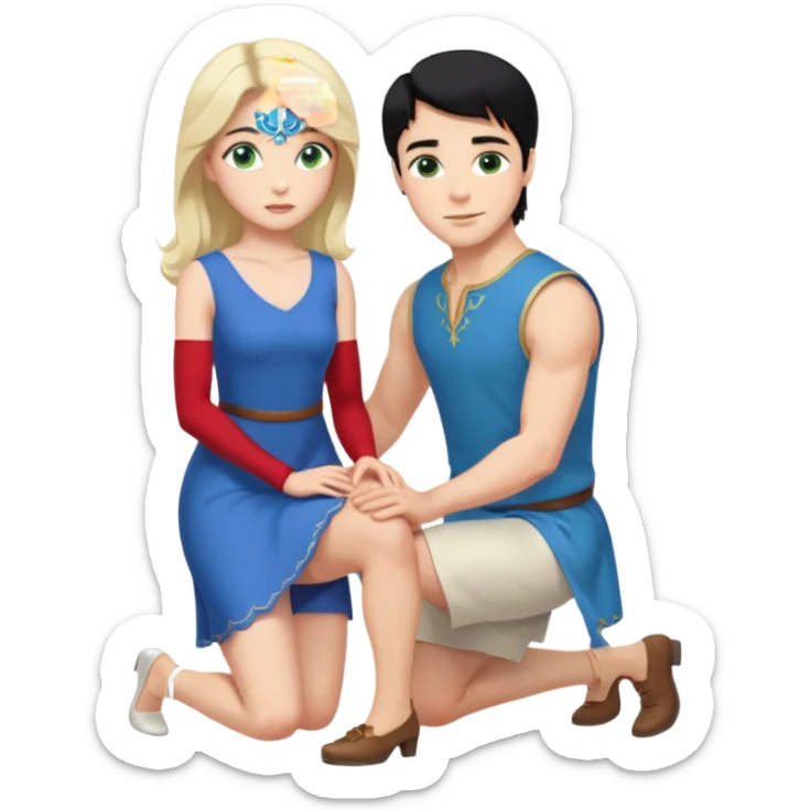 prince, upright, black Hair, blue eyes, garment,  woman, bending knee, white sleveless dress, blonde hair, green eyes, sticker