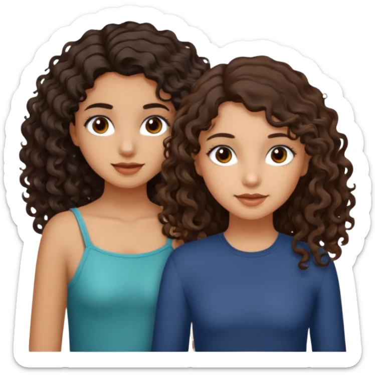 Two girls. One with shoulder length curly hair (dark brown hair and dark brown eyes, white skin) and the other with dark wavy hair below the shoulders and brown eyes. sticker