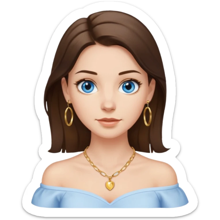A pretty white girl with brunette hair blue eyes  thin gold hoop earrings and a matching gold necklace in a white shirt that cuts off the shoulders sticker