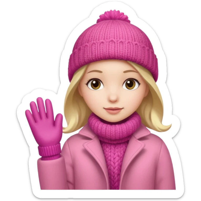 The girl is wearing a warm pink winter coat and a pair of woolen gloves. sticker