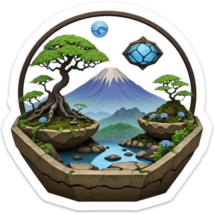 Alien saucer jungle-vines mountain-island landscape antique mudman very old broken cracked intricate Stone Age rocky-crusted irregular dodecagon-shaped shallow dark moss rough bark blue serissa flowered maple tree bonsai pot sticker
