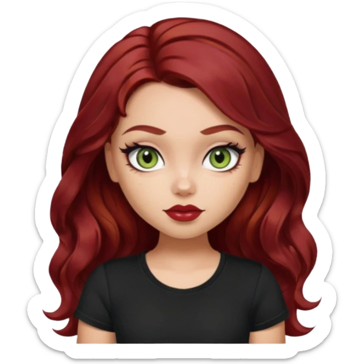 a pretty fair bratz girl with wavy dark red hair, wearing a black tee. eyeliner on, olive green eyes. Waist up sticker