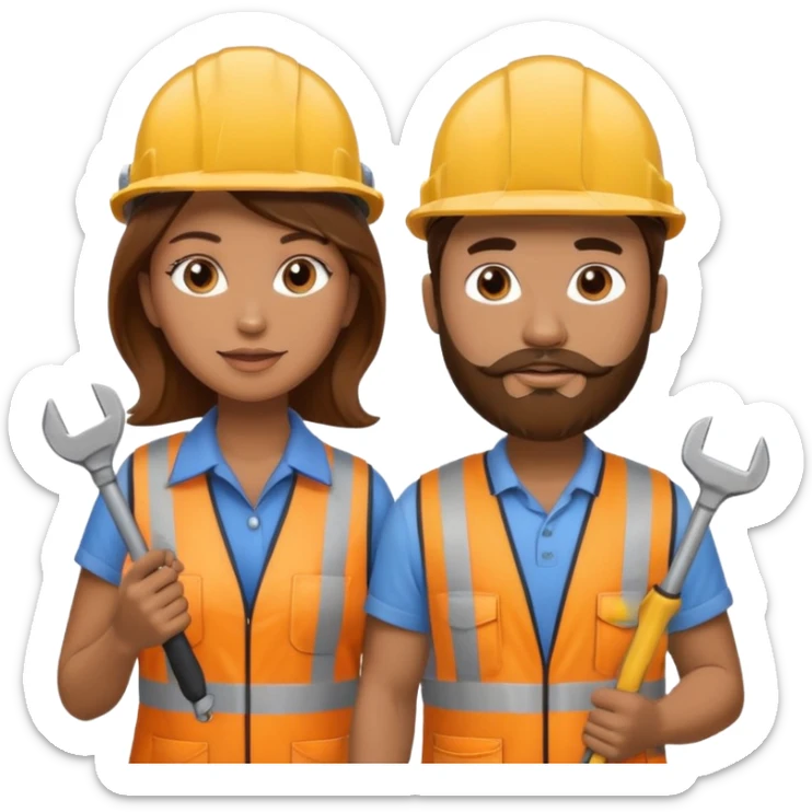 me haces una mujer pelo marron y un hombre con barba , que ambos esten vestidos como constructores de obra  sticker