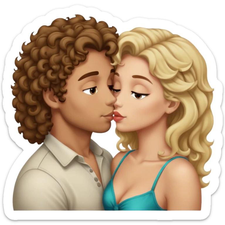 Man van 23 jaar met bruine krulletjes die een kusje geeft aan een vrouw van 23 jaar met blond middellang haar sticker
