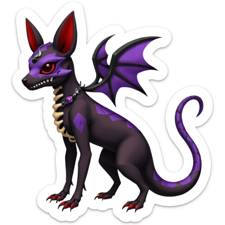 Gothic Black red purple Scaley Exotic Salandit-Umbreon-Houndoom-Fakémon-hybrid-creature (full body), 4 legs, skull face mask sticker