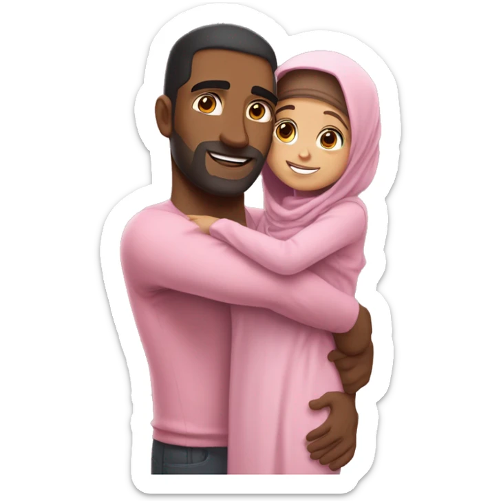 Tall muscular brown man hugging small cute brunette girl in pink hijab sticker