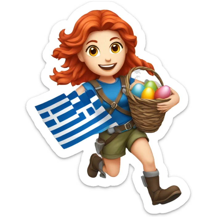 Female mountaineer red hair climbing with Greek flag and holding Easter eggs basket sticker
