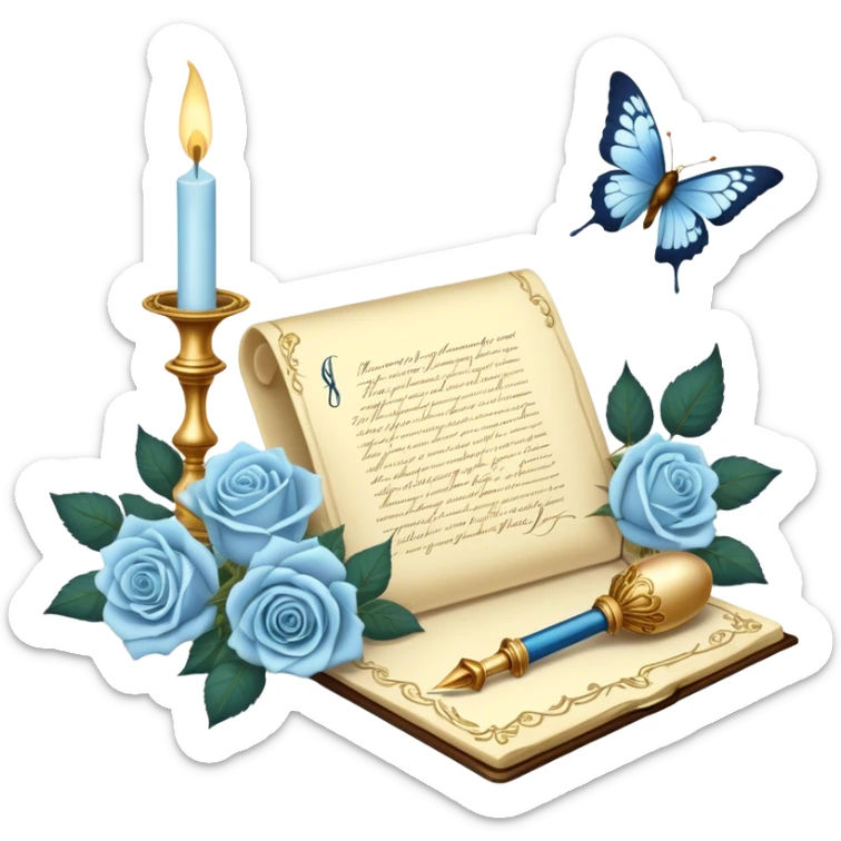 A dreamy, romantic scene of a candle-lit desk with an open love letter, a feather quill dipped in golden ink, an ornate perfume bottle, and a bouquet of pale blue roses resting beside a pearl-adorned butterfly.
 sticker