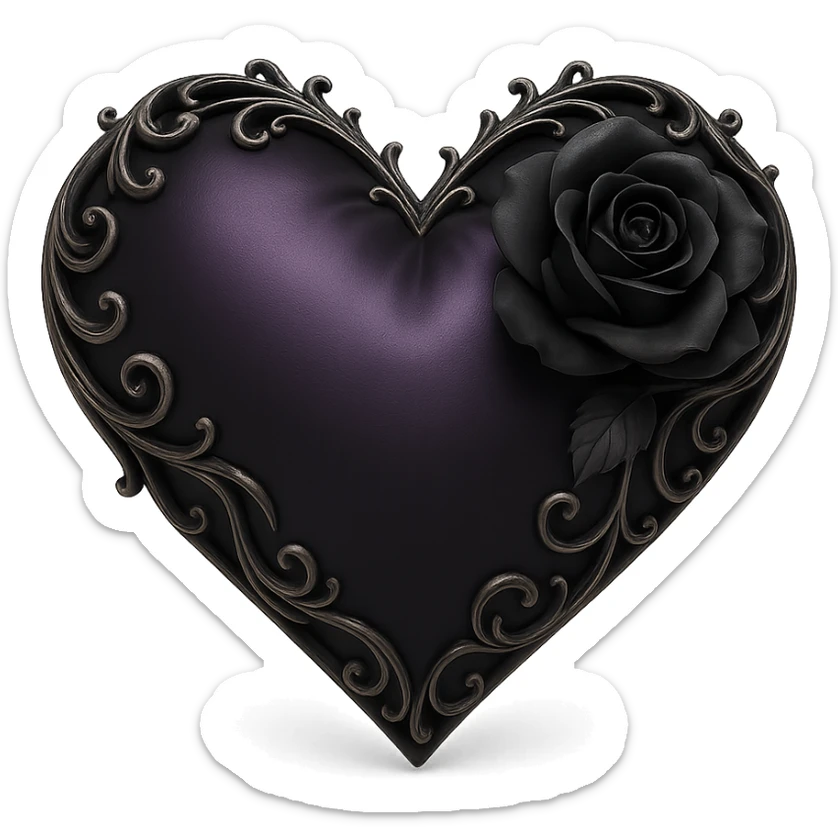 gothic heart in 3D black style, deep purple satin, silver filigree, black rose accent, elegant and moody sticker