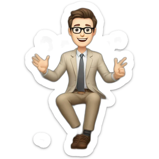 Joyful Celebrating victory Hands up Pale skinned Fit Man With dark brown hair in gray jacket, beige office shirt, Brown pants and vintage glasses sitting In a soft chair sticker