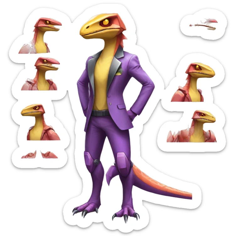 Shiny Velociraptor-Genesect-Fakémon-Pokémon wearing a with a futuristic cyber-helmet And suit Full Body sticker