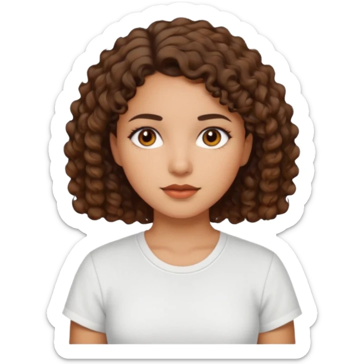 A Latina girl with brown eyes and short curly hair with a white shirt sticker