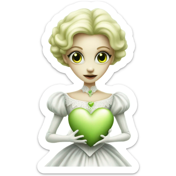 "galora green blonde alien woman" in white Victorian dress elegant, full body holdig big hearth sticker