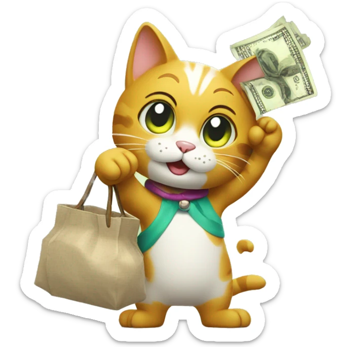 the cat waves its paw and holds a bag of money sticker