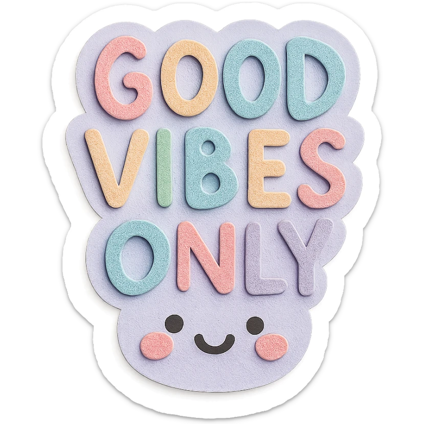 Rainbow pastel "Good Vibes Only" hand-drawn lettering, cute kawaii sticker, soft shadows, transparent background sticker