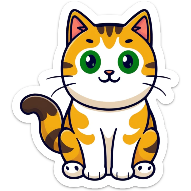 Brown, white, and black tabby cat with green eyes sitting to show its white belly, adorable sticker style sticker