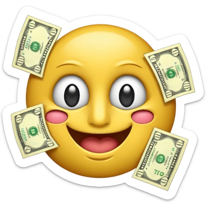 3D glossy money emoji sticker, dollar-sign eyes, cash flying out of mouth, centered. Add curved caption above the emoji: "ТГ - MHGPT4", bold, high-contrast, perfectly readable, sticker outline. Transparent background. sticker