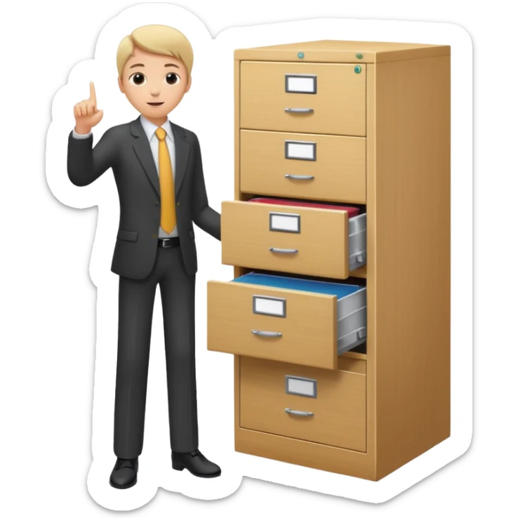 A person in business attire pointing to a tall filing cabinet, indicating document organization. sticker