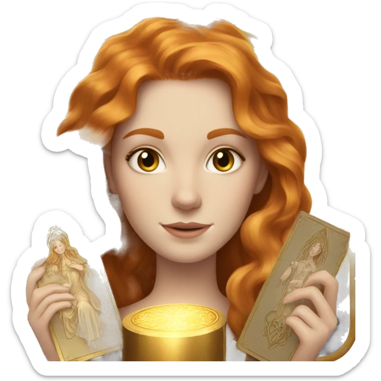 beautiful white girl with long ginger hair, light brown eyes and holding gold tarot cards  sticker