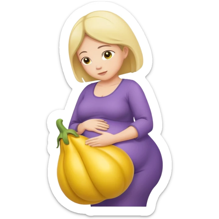 yellow eggplant placed on a pregnant person, bowing person turned to the side sticker