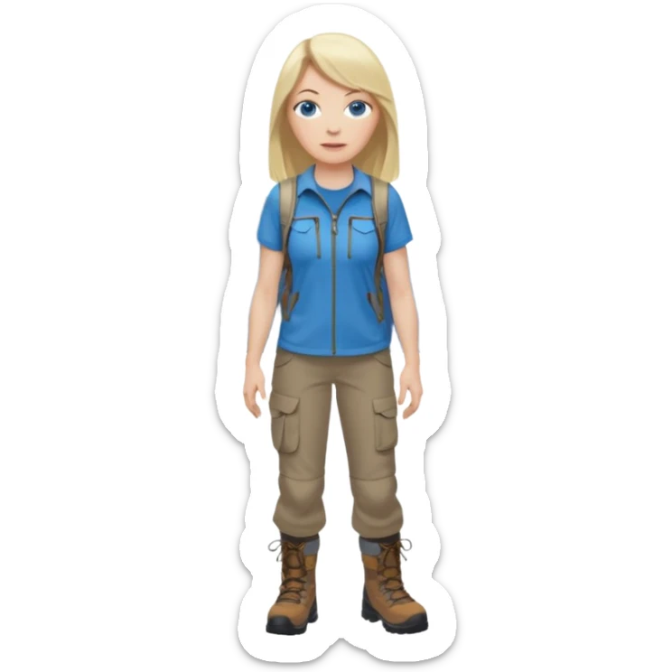 45 yr old white woman, pale skin, long straight blond hair parted in center, blue eyes, bangs, clothes for hike sticker