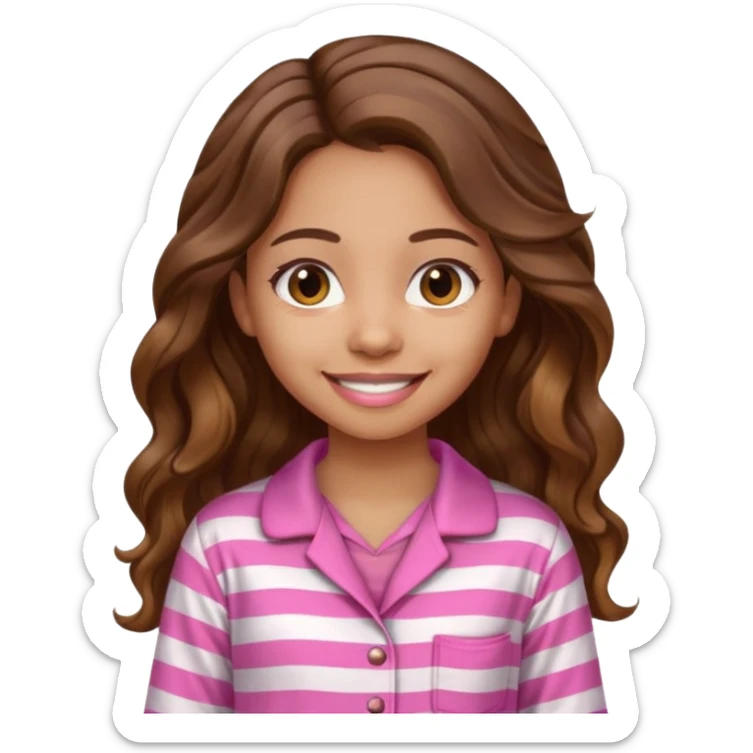 lightskin girl  pink and white striped pajama shirt shirt and long wavy brown brown hair  sticker