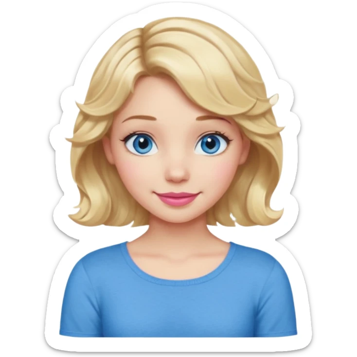 Girl Blonde short wavy hair,  blue eyes, cute blue top, long lashes, pink lips, smiling, cross arms  sticker