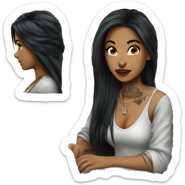 beautiful girl with tattoos, with long black hair, typing on laptop sticker