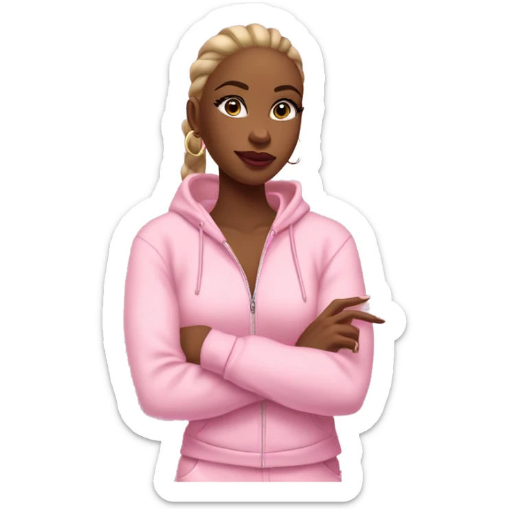 Girl emoji: pink tracksuit, hoop earrings, pink lips, lashes, nails. Poses: peace sign, nails, phone, arms crossed. full body standing sticker