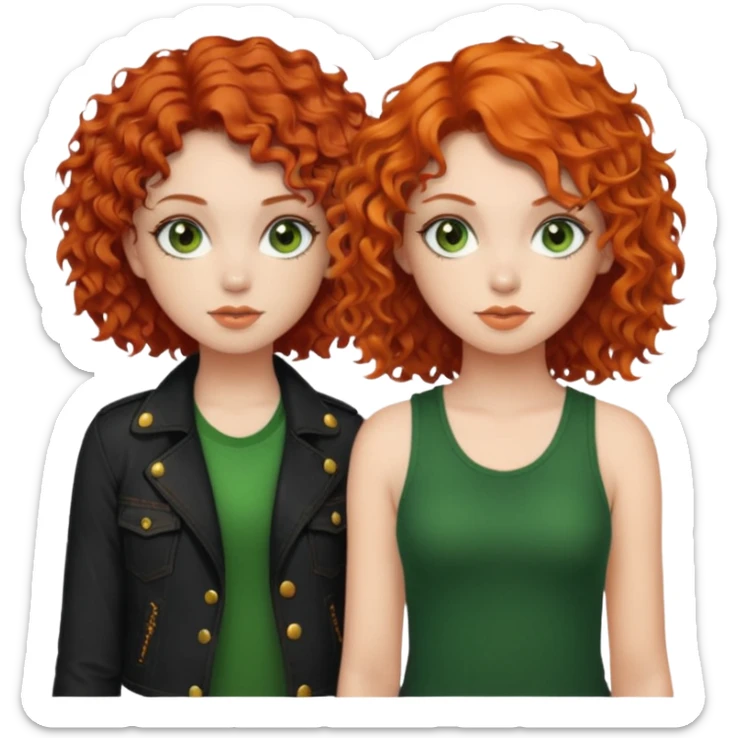 chica de pelo rizado corto rojizo con los ojos verdosos estilo roquera junto a chica de pelo naranja ondulado de ojos castaños linda sticker