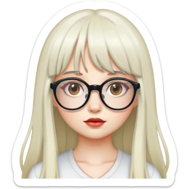 a girl with white skin, long hair with bangs, with a cute glasses sticker